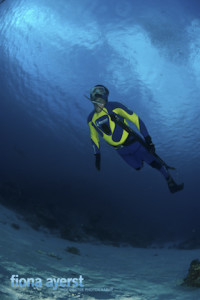 Portrait of freediver swimming up, Bassas Da India, 2008